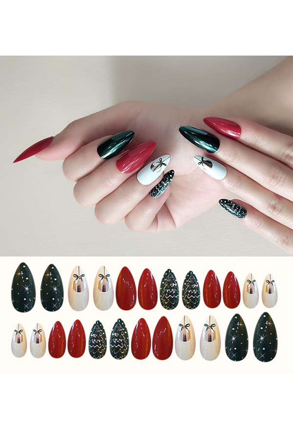 Christmas Style Bells and Christmas Tree Pattern Fake Nail Tips 24 Pcs