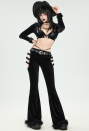 Dark Rave Gothic Cowboy Style Pants Black Velvet Trousers Cut-out Flared Pants with Belt