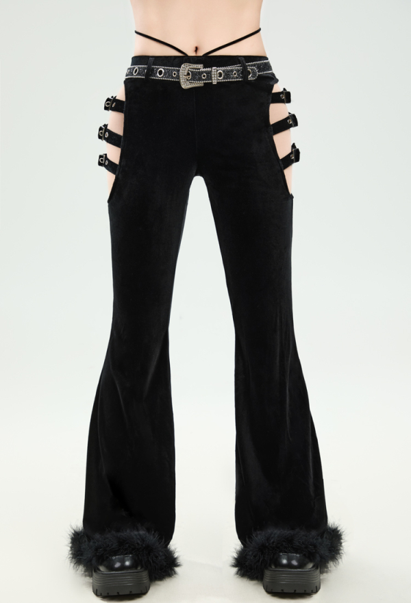 Dark Rave Gothic Cowboy Style Pants Black Velvet Trousers Cut-out Flared Pants with Belt Dark Rave Gothic Cowboy Style Pants Black Velvet Trousers Cut-out Flared Pants with Belt