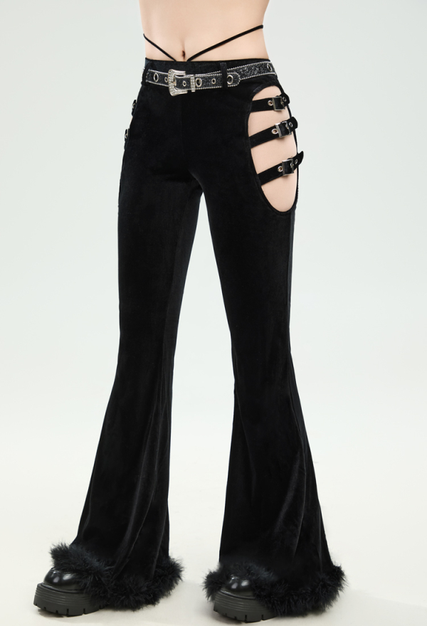 Dark Rave Gothic Cowboy Style Pants Black Velvet Trousers Cut-out Flared Pants with Belt Dark Rave Gothic Cowboy Style Pants Black Velvet Trousers Cut-out Flared Pants with Belt