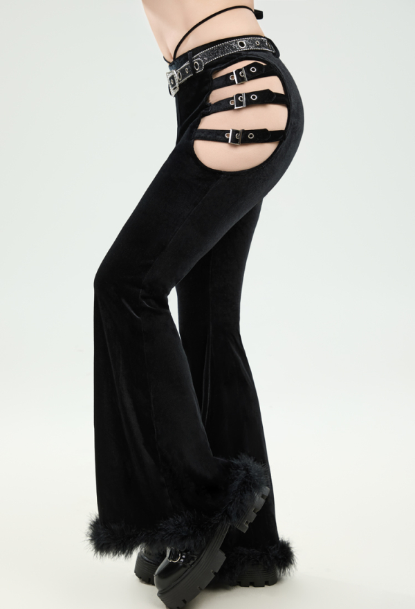 Dark Rave Gothic Cowboy Style Pants Black Velvet Trousers Cut-out Flared Pants with Belt Dark Rave Gothic Cowboy Style Pants Black Velvet Trousers Cut-out Flared Pants with Belt
