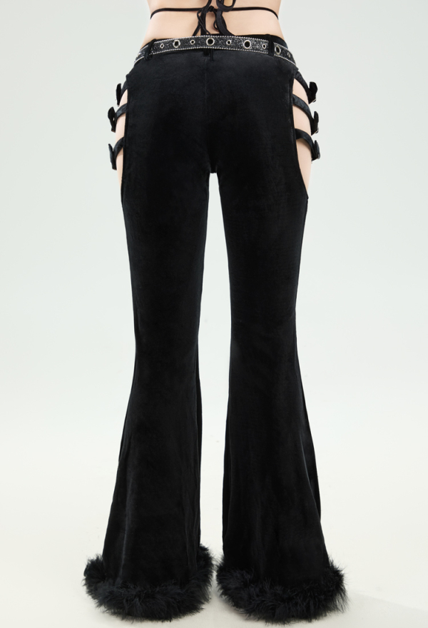 Dark Rave Gothic Cowboy Style Pants Black Velvet Trousers Cut-out Flared Pants with Belt Dark Rave Gothic Cowboy Style Pants Black Velvet Trousers Cut-out Flared Pants with Belt