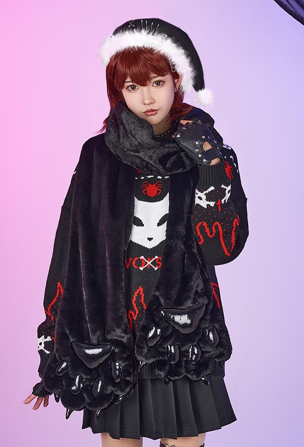 Bad Kitten Women Christmas Gothic Cat Skull Print Knitted Crewneck Sweater
