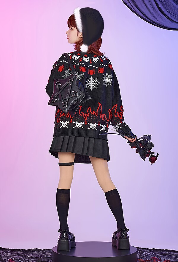 Bad Kitten Women Christmas Gothic Cat Skull Print Knitted Crewneck Sweater