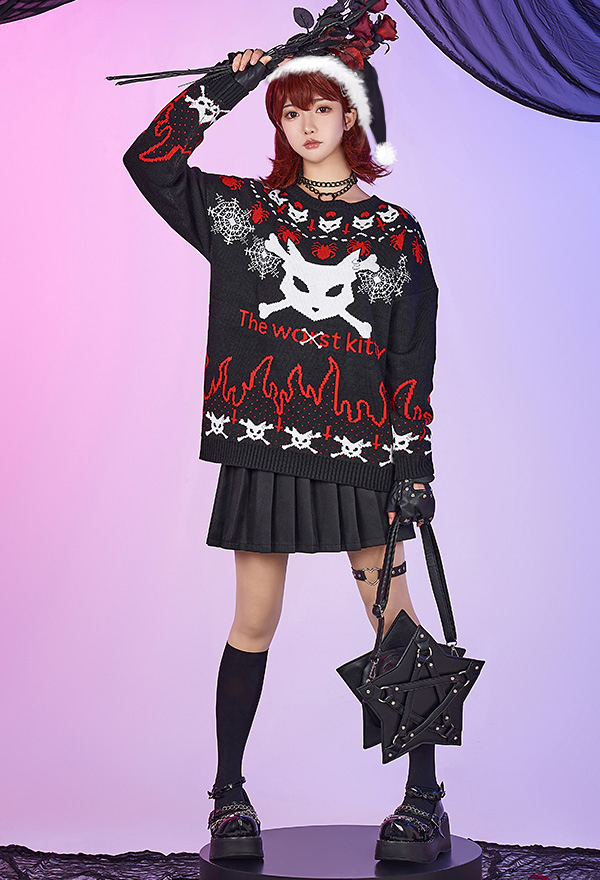 Bad Kitten Women Christmas Gothic Cat Skull Print Knitted Crewneck Sweater