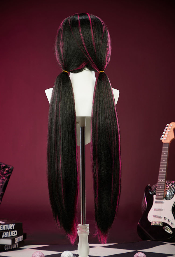 Gothic Long Straight Black Cosplay Wig with Rose Red Hair Extensions