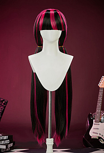Gothic Long Straight Black Cosplay Wig with Rose Red Hair Extensions