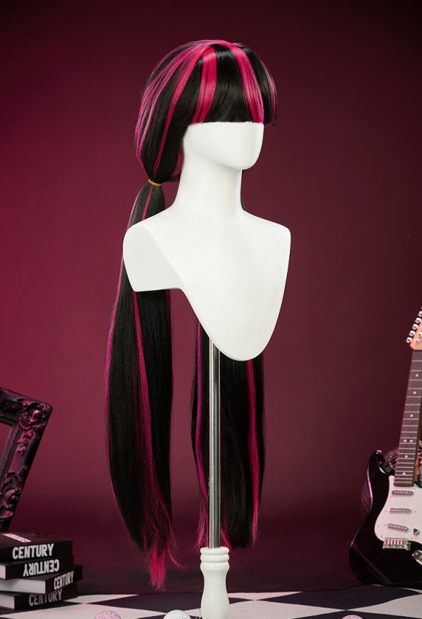 Gothic Long Straight Black Cosplay Wig with Rose Red Hair Extensions