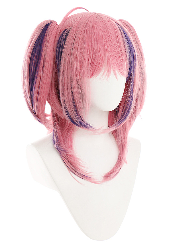 Women Pink Purple Highlight Shoulder-Length Pigtails Wig