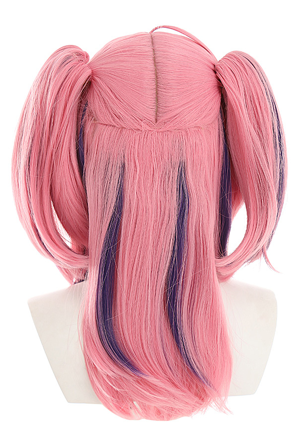 Women Pink Purple Highlight Shoulder-Length Pigtails Wig