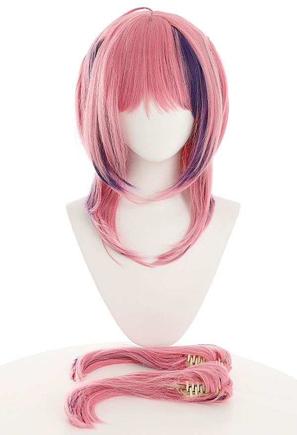 Women Pink Purple Highlight Shoulder-Length Pigtails Wig