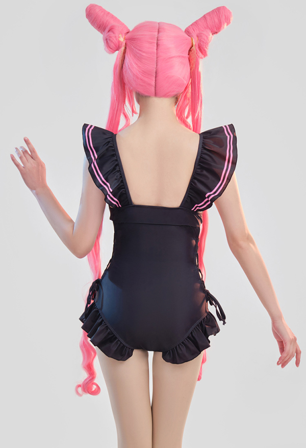 SUNDAY CANDY Kawaii Goth Girl One-piece Bathing Suit Black and Pink Bowknot Decorated Lace- up Monokini